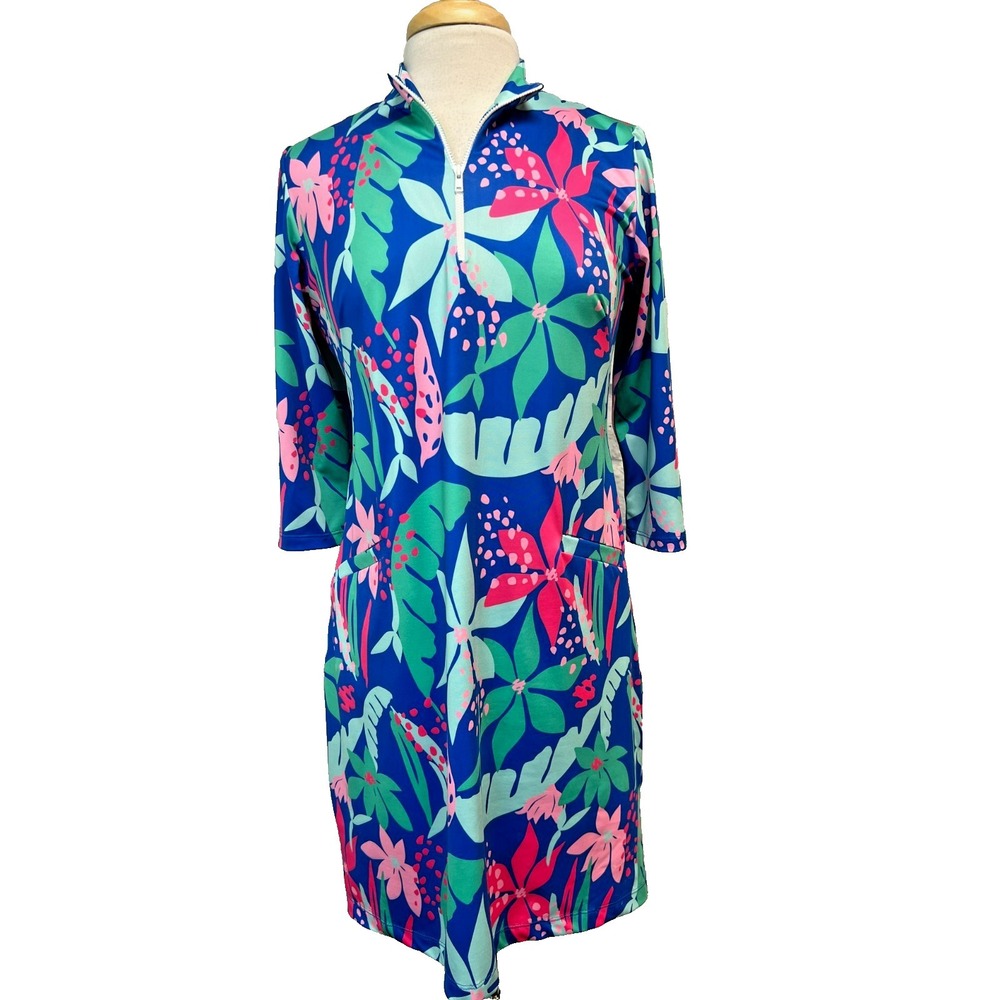Catherine Way Shift Dress Vibrant Blue Tropical Print 3/4 Sleeve‎ 1/4 Zip Neck S